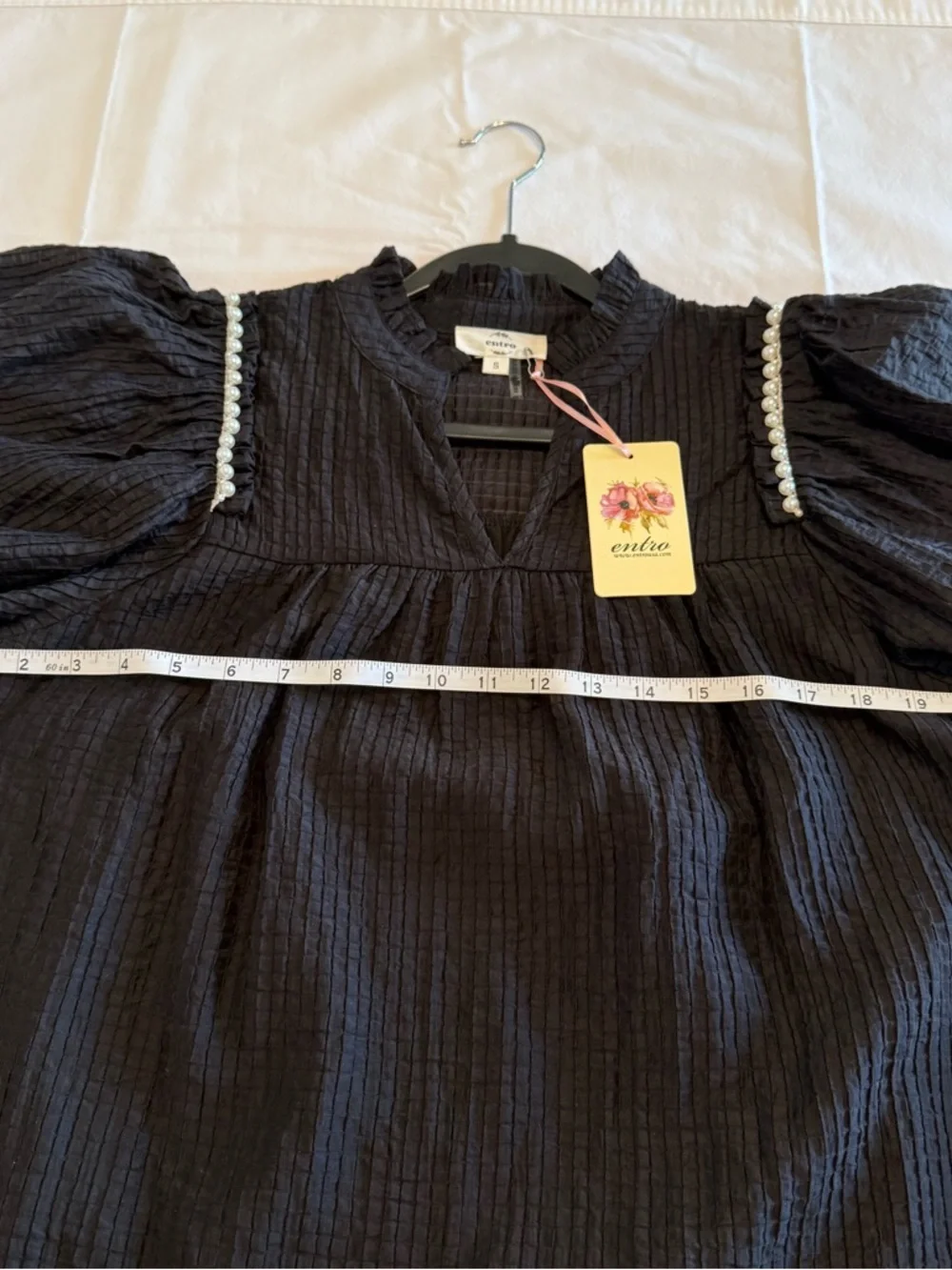Feminine flowy top from Entro. Black Ruffle Sleeve Blouse with Pearl Trim - Picture 7 of 14